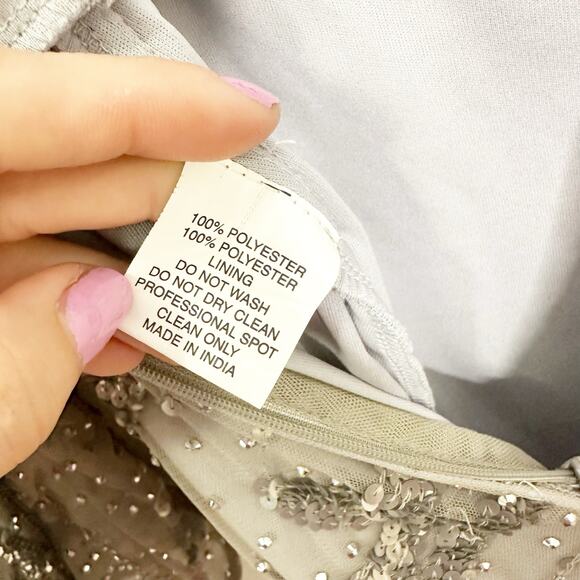 Mac Duggal 5222 Sequined Faux Wrap Split Long Sleeve Gown Platinum 6 $598 NEW - Picture 15 of 16